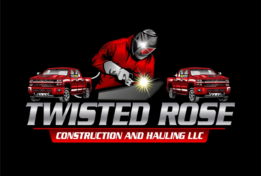 Official company logo for Twisted Rose Construction and Hauling LLC featuring a welder, custom red trucks, and metallic text on a black background.